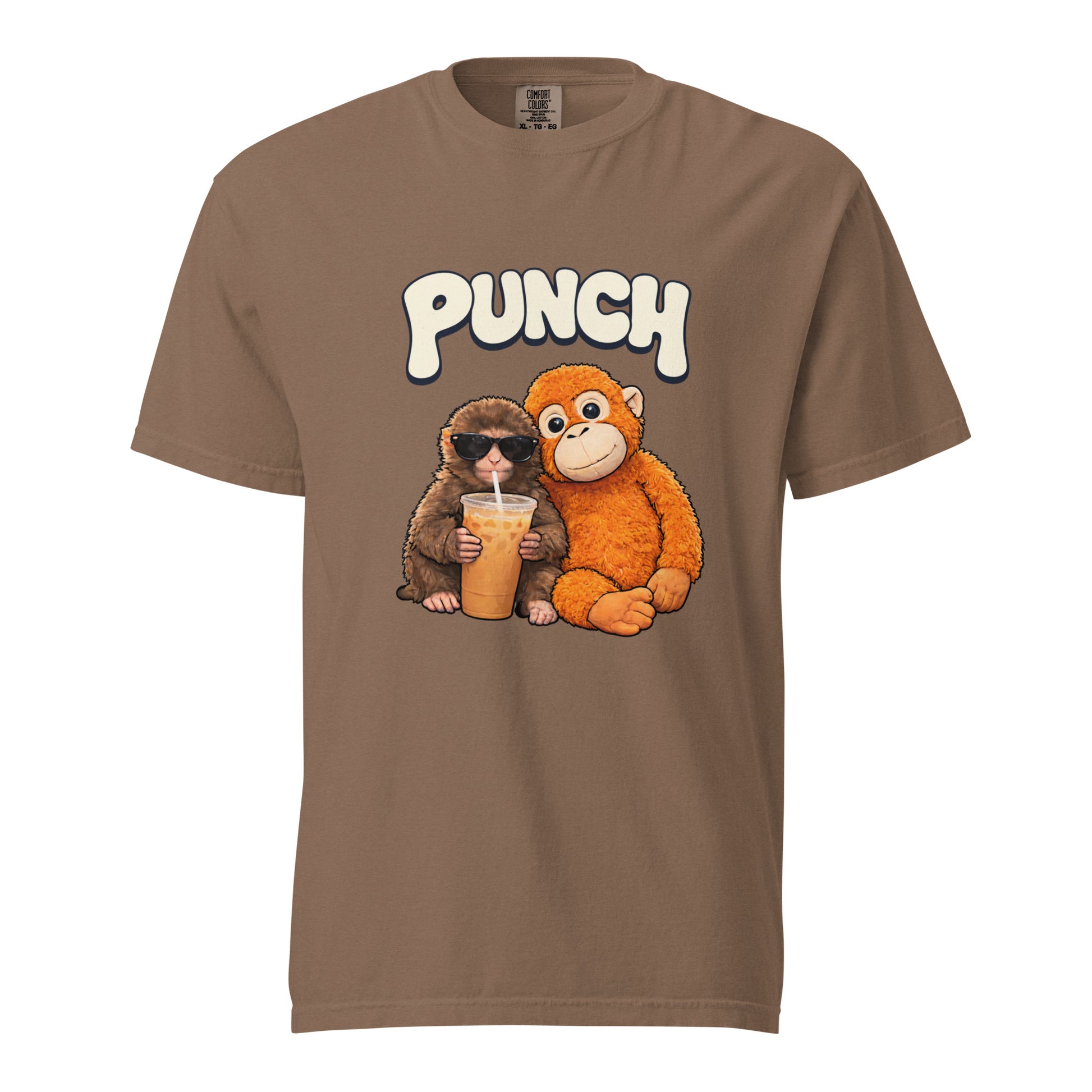 Brown t-shirt with cartoon monkeys and 'PUNCH' text on a white background