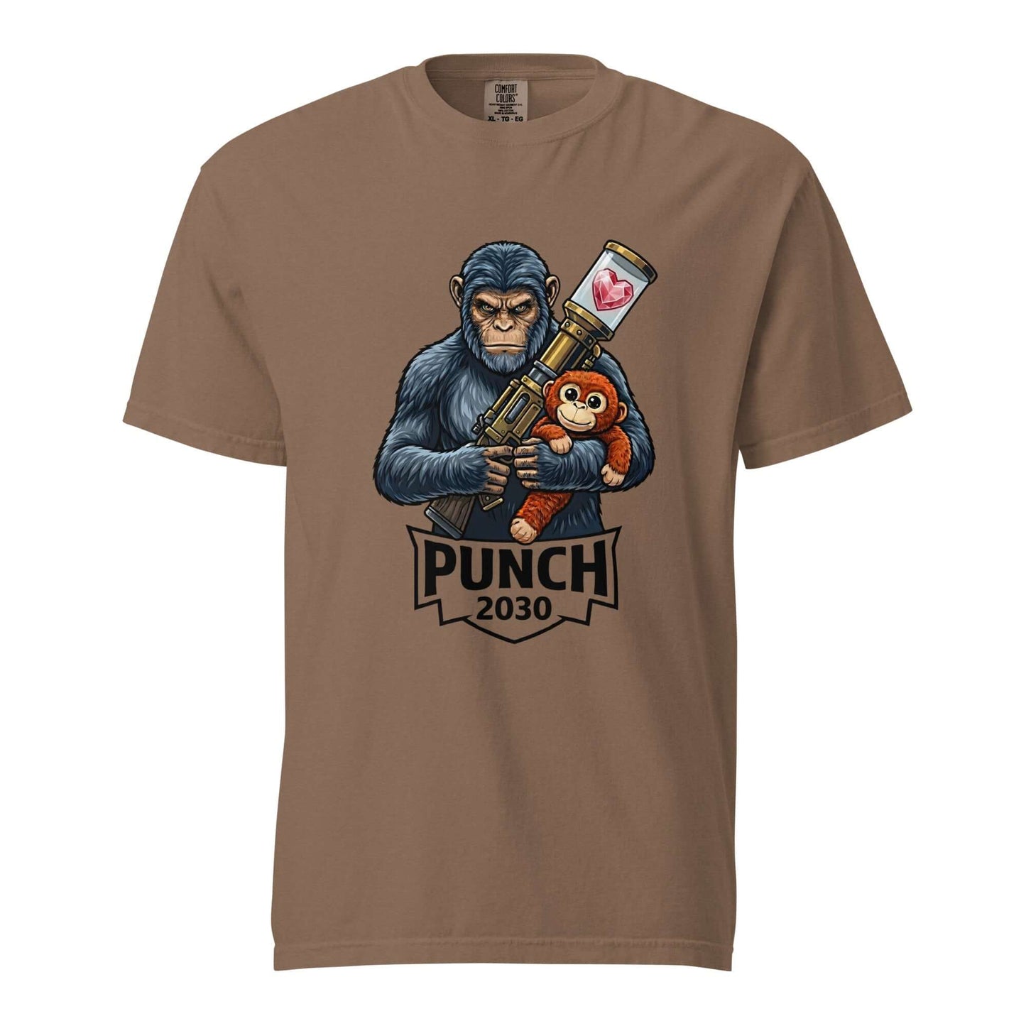 Espresso brown Punch 2030 Heart Core warrior monkey graphic tee - punch monkey meme shirt