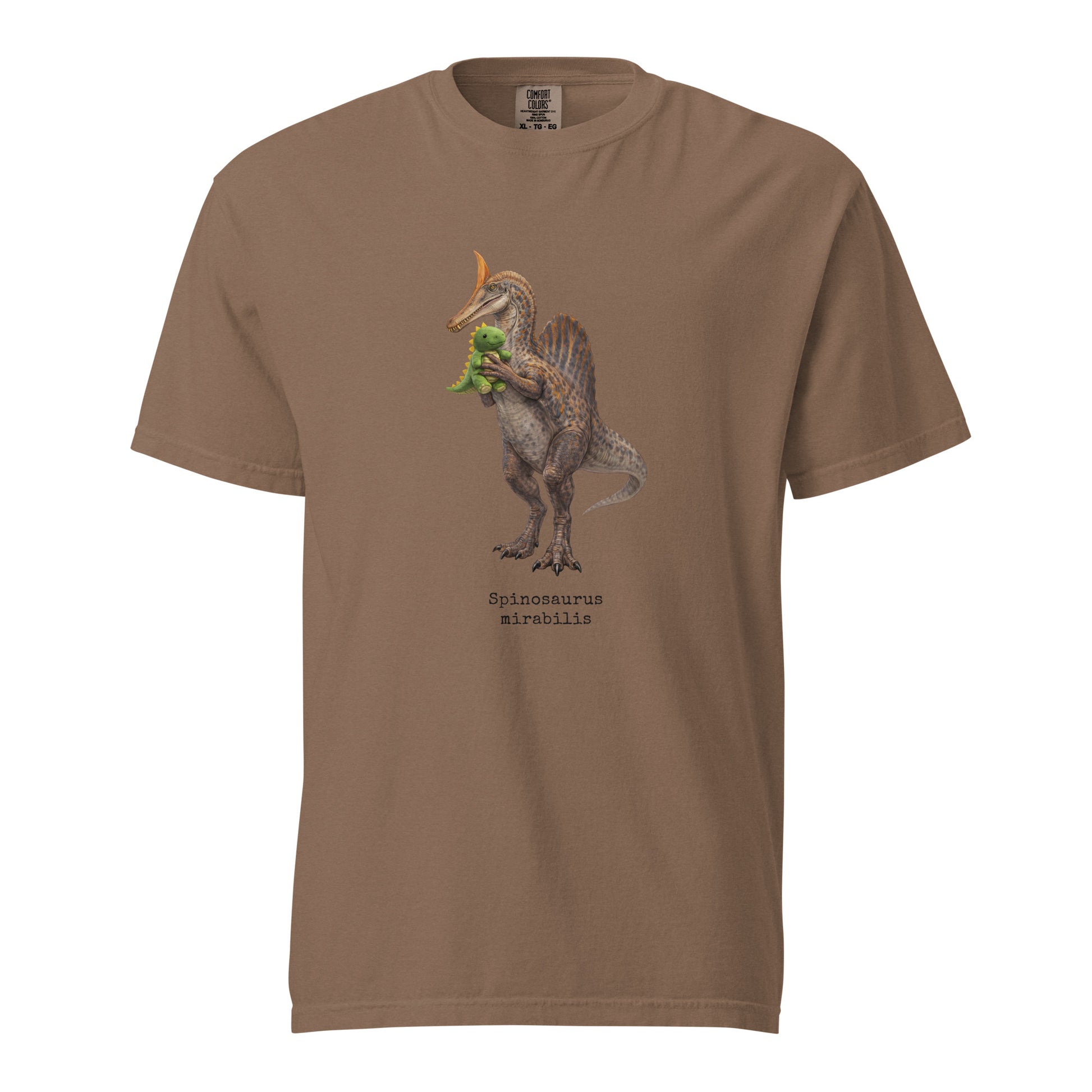 Brown t-shirt with a Spinosaurus mirabilis illustration and a plush toy on a white background