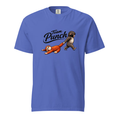 Blue t-shirt with cartoon monkeys and 'Team Punch' text on a white background