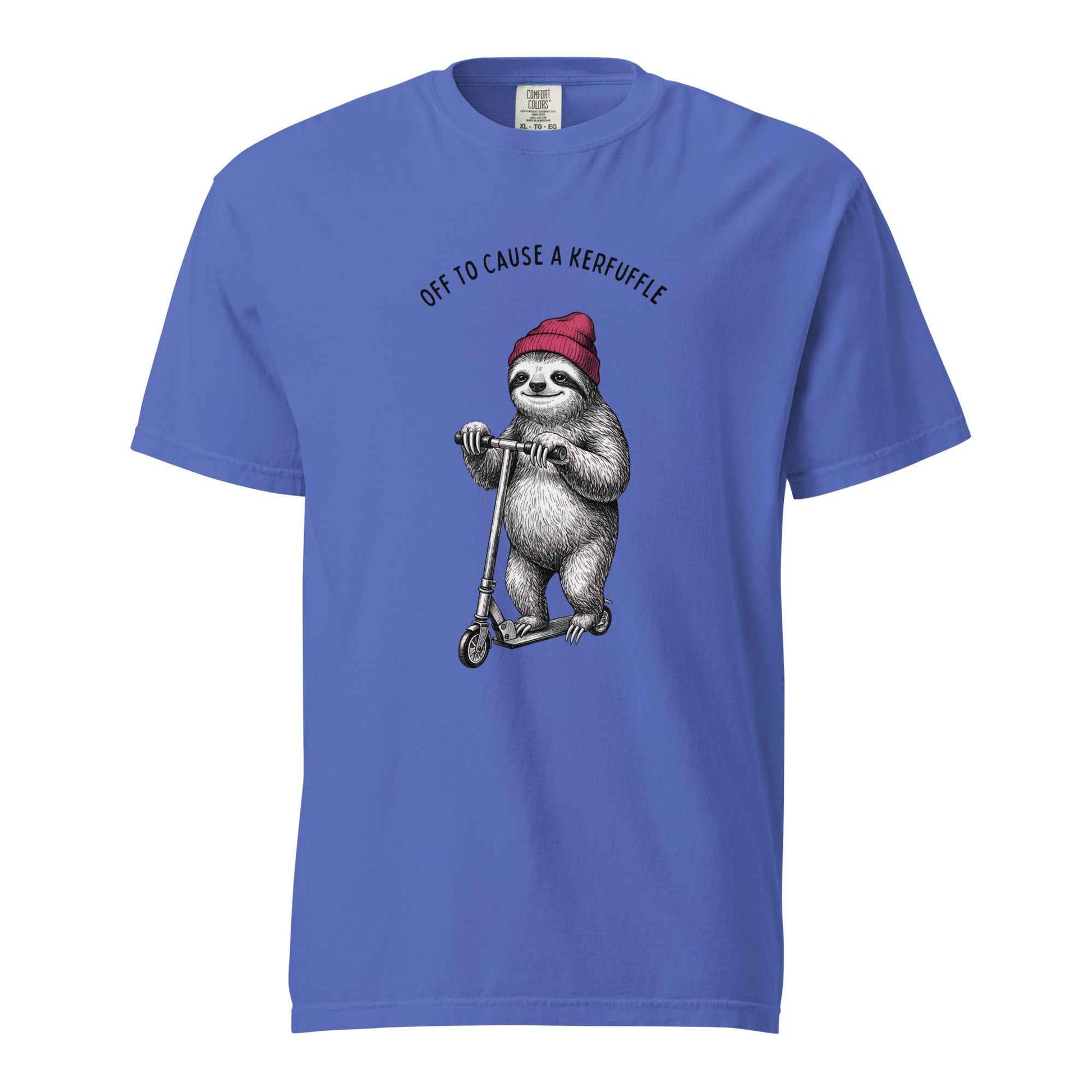 Off to Cause a Kerfuffle Funny Sloth Scooter T-Shirt Flo Blue