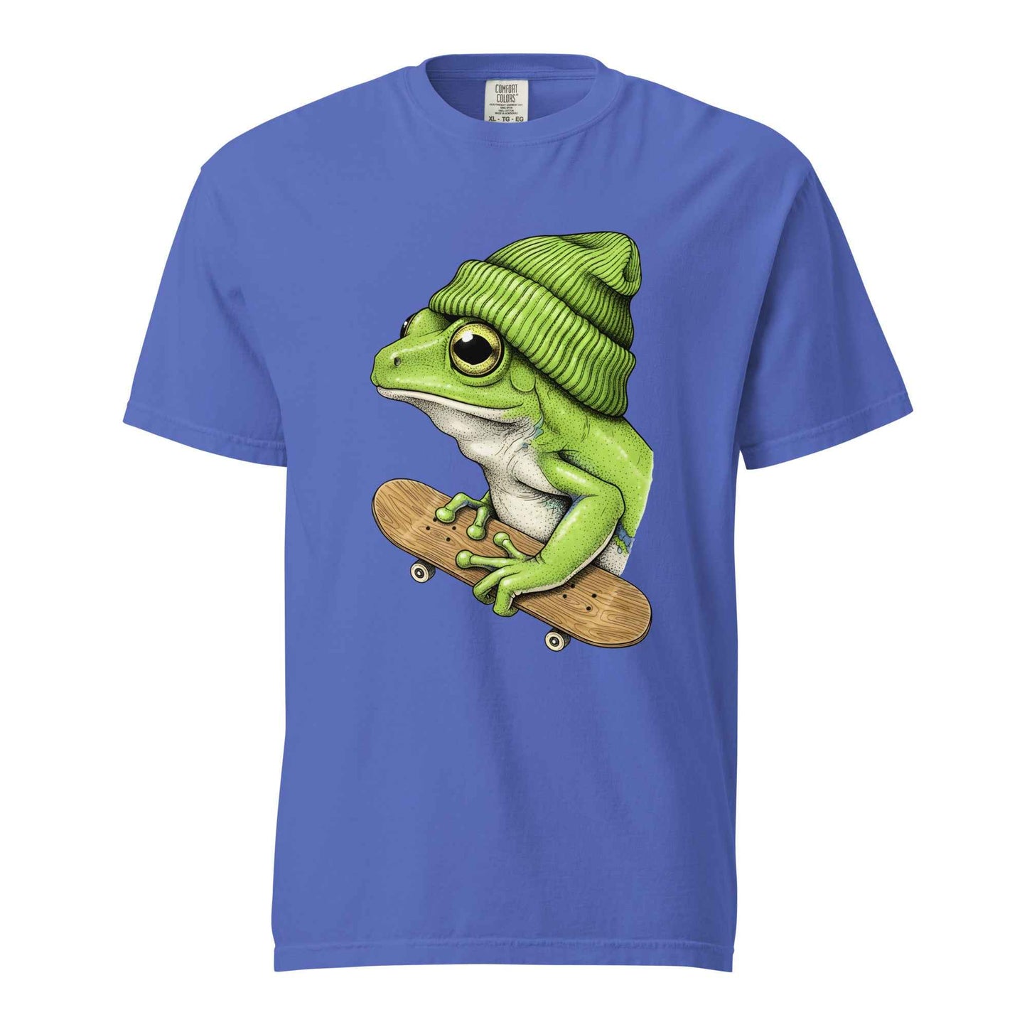 Skateboarding Frog T-Shirt - Funny Frog Skater Graphic Tee Flo Blue