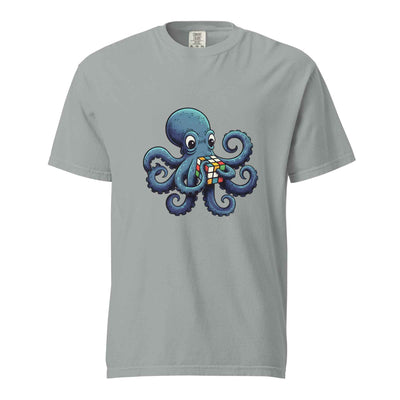 Granite gray Funny octopus solving Rubik's cube nerdy graphic tee - geeky octopus graphic t-shirt