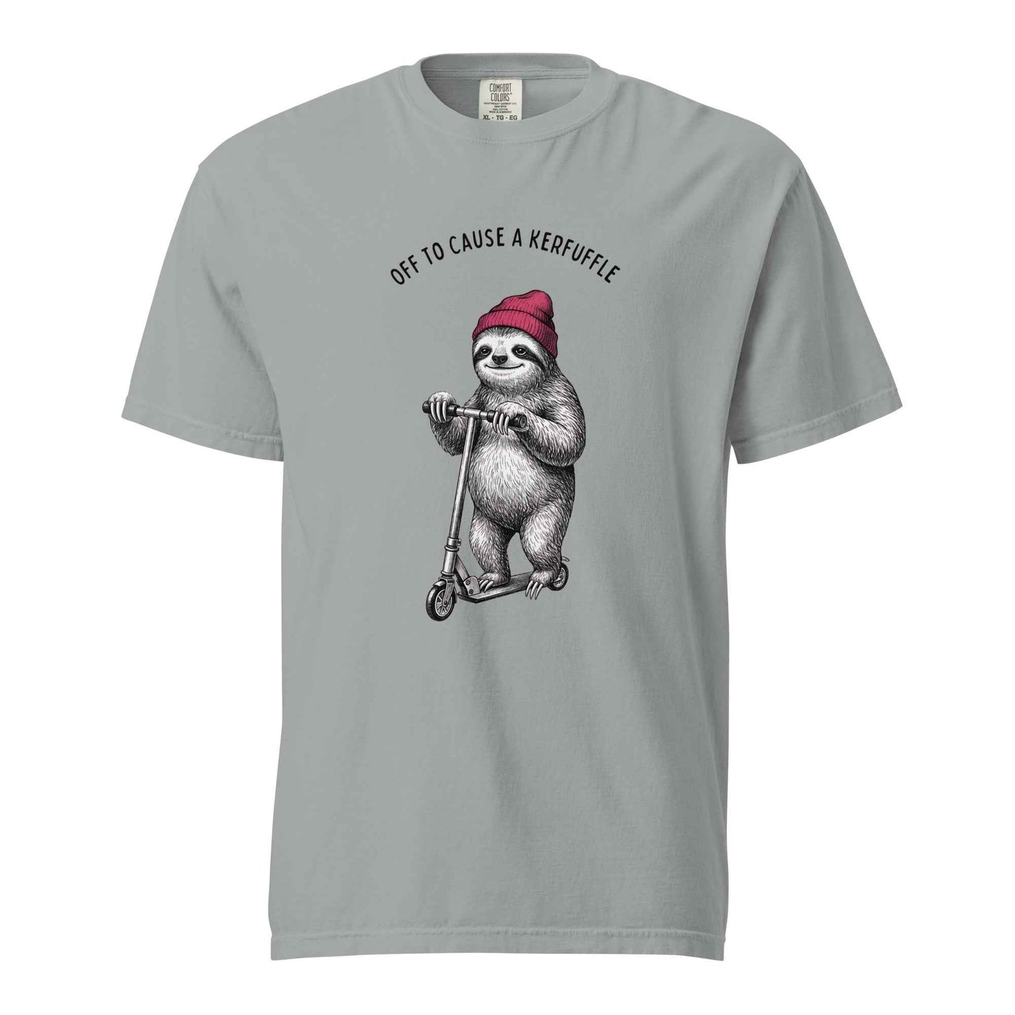Off to Cause a Kerfuffle Funny Sloth Scooter T-Shirt Granite