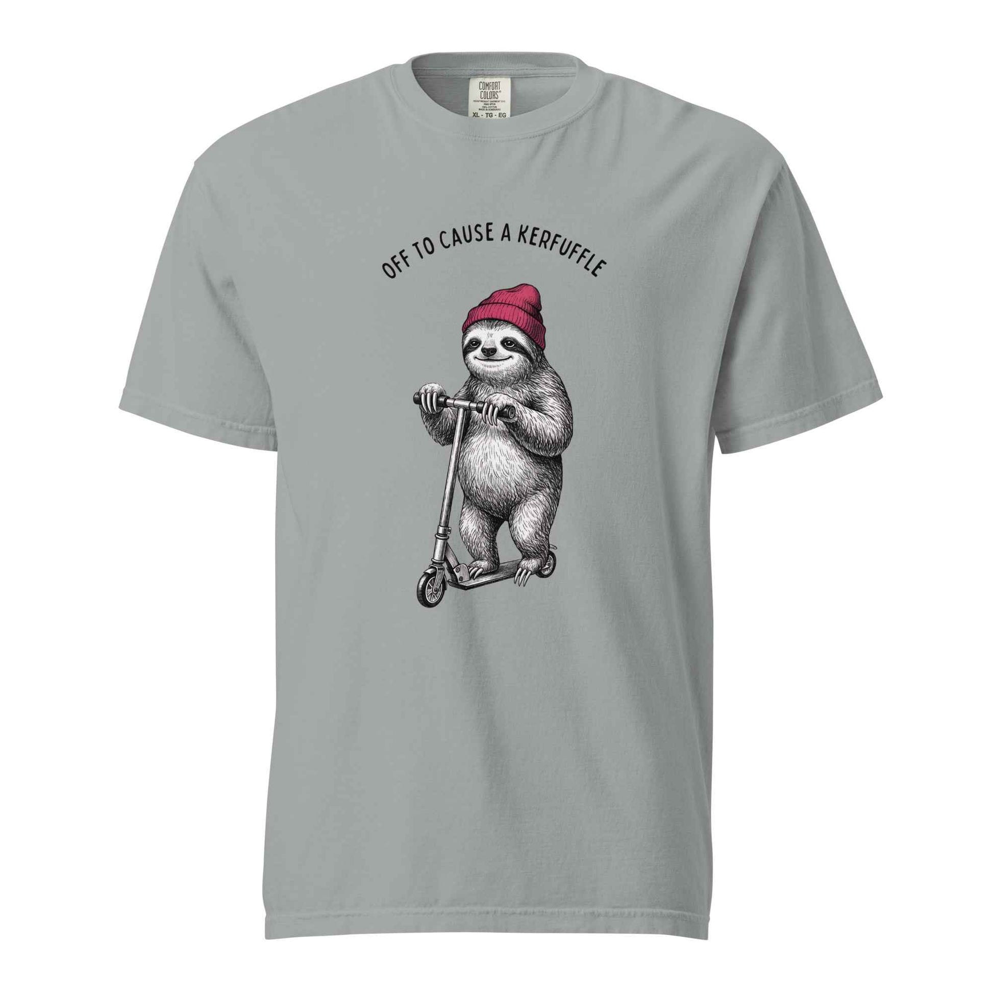 Off to Cause a Kerfuffle Funny Sloth Scooter T-Shirt Granite