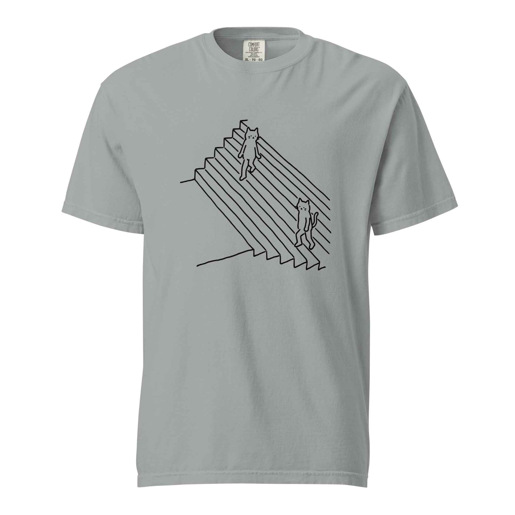 Minimalist Cat T-Shirt, Funny Stairs Line Art Tee