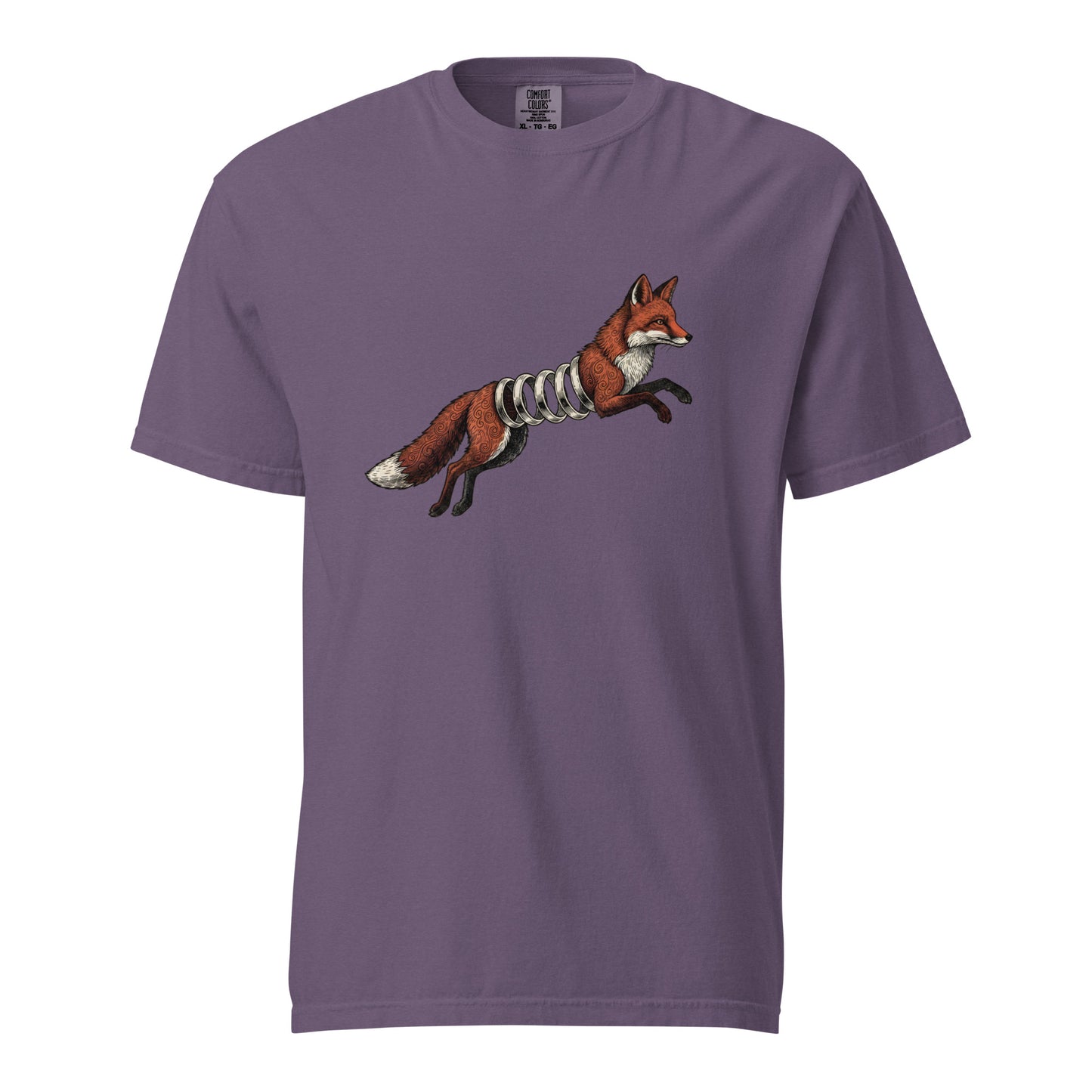 Grape purple Spring-Loaded Slinky Fox graphic tee - fox playing with slinky art shirt