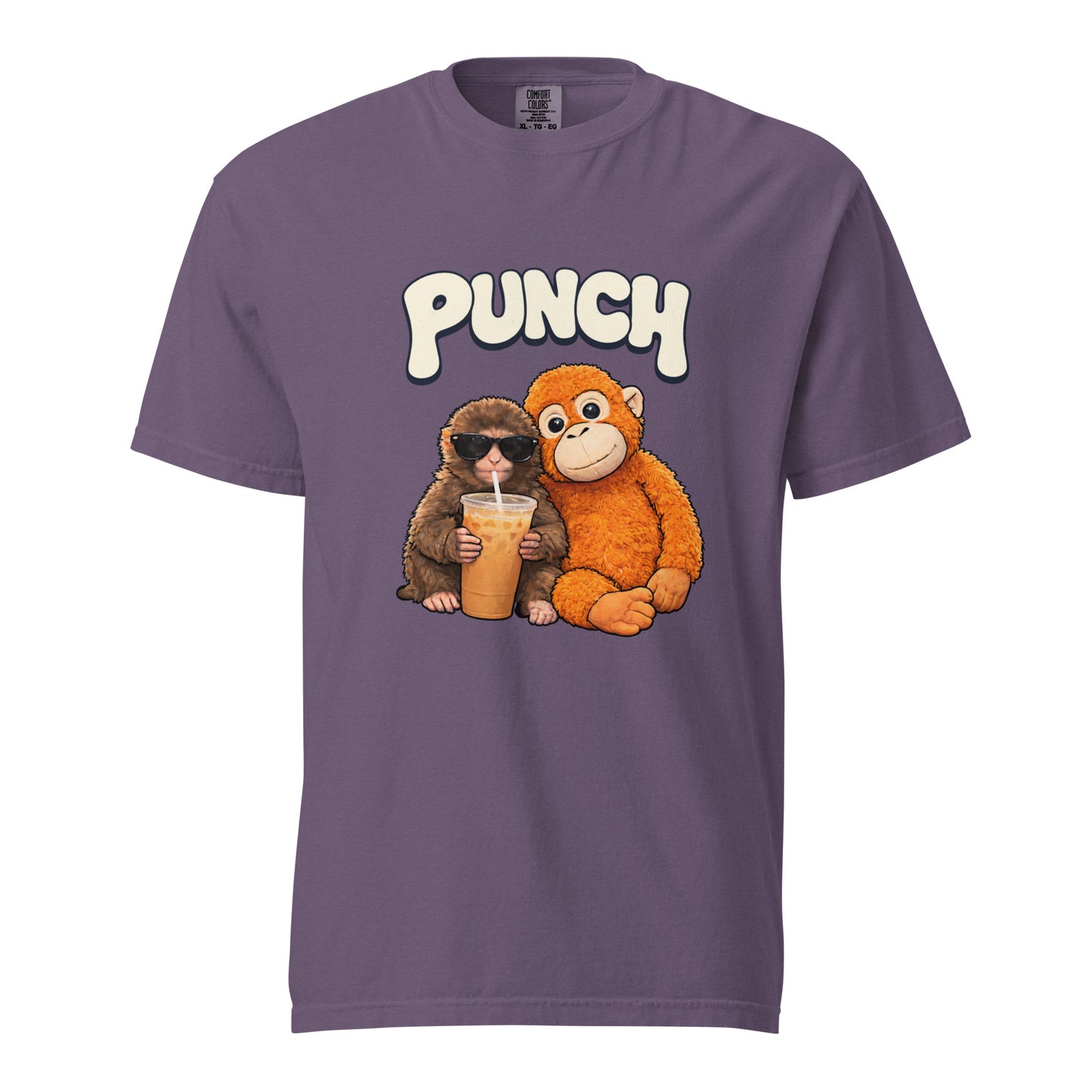 Purple t-shirt with cartoon monkeys and 'PUNCH' text on a white background