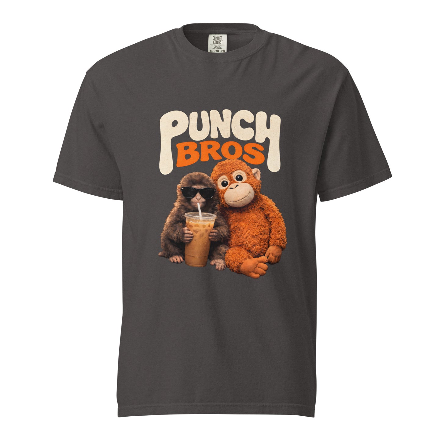 Gray t-shirt with 'Punch Bros' graphic featuring two cartoon monkeys holding a drink.