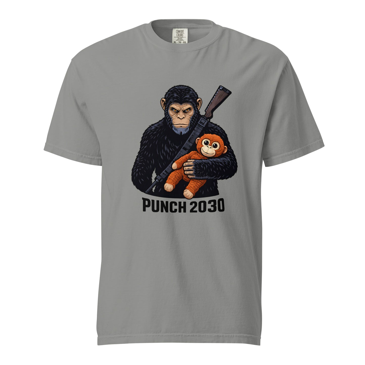 Gray Rise of Punch 2030 baby macaque with plushie graphic t-shirt - baby monkey punch 2030 graphic tee
