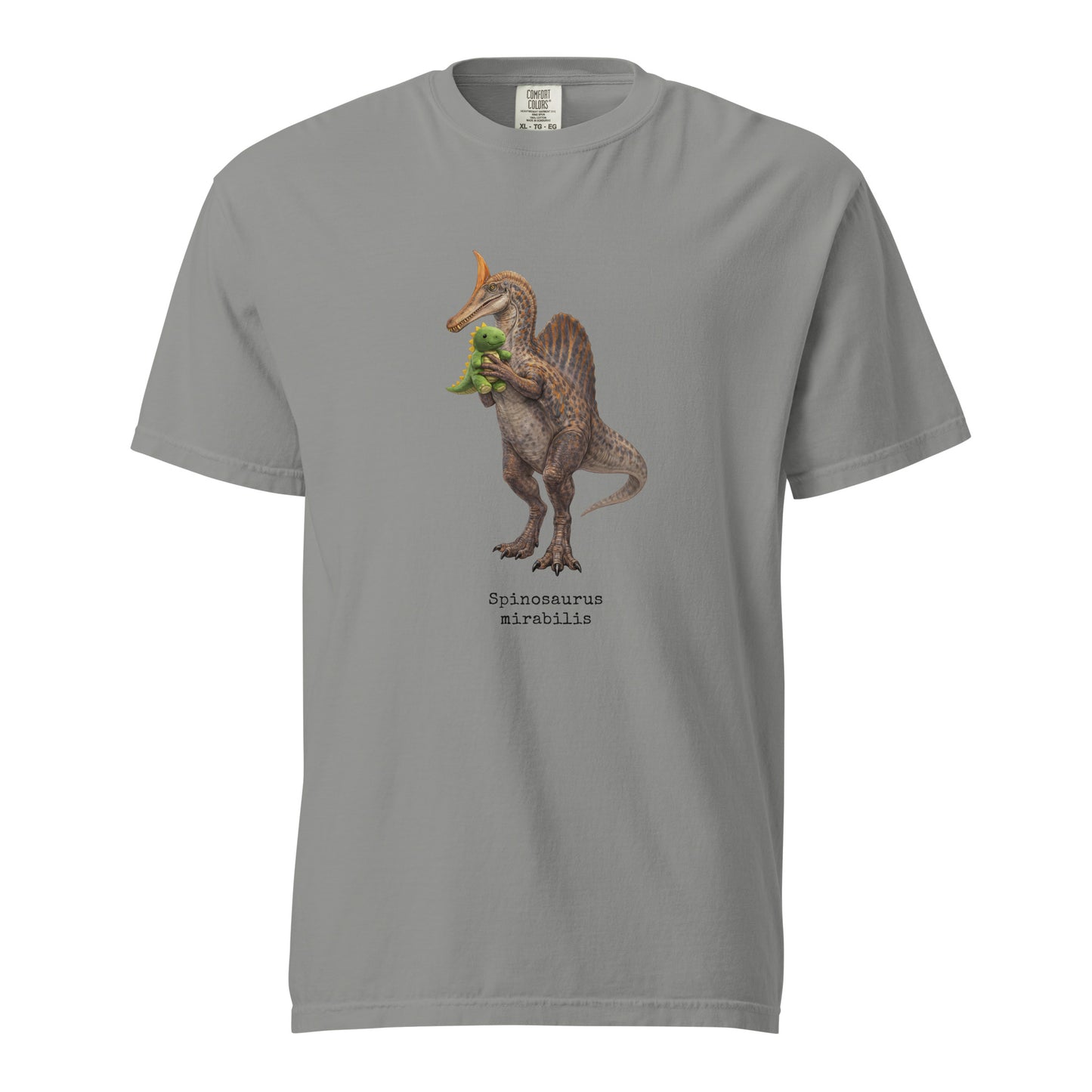 Gray t-shirt with a Spinosaurus mirabilis and a plush toy on a white background