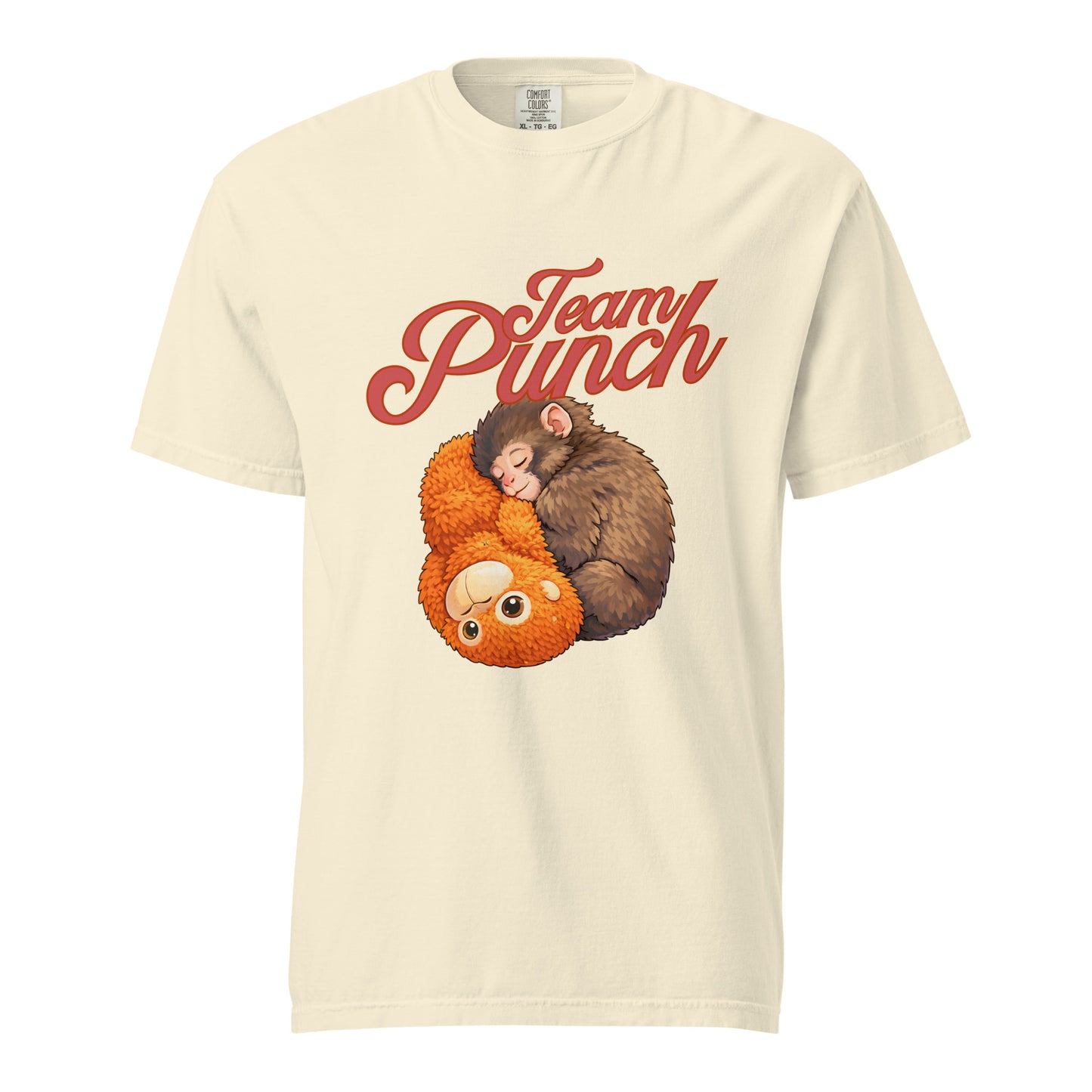 Beige t-shirt with cartoon monkeys and 'Team Punch' text on a white background