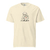 Beige Monkey Punch minimalist art t-shirt with baby macaque holding plushie - punch monkey fan shirt