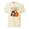 Beige t-shirt with cartoon monkeys and 'PUNCH' text on a white background