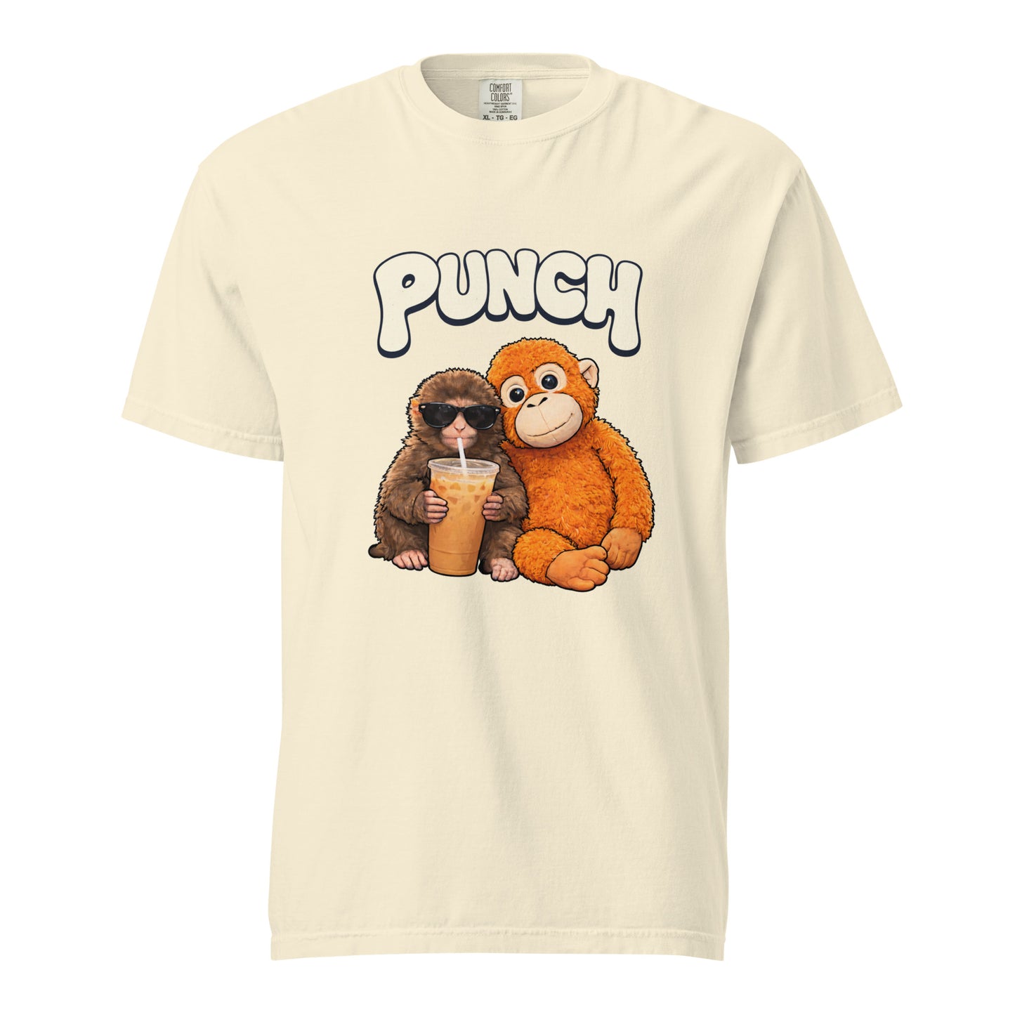 Beige t-shirt with cartoon monkeys and 'PUNCH' text on a white background