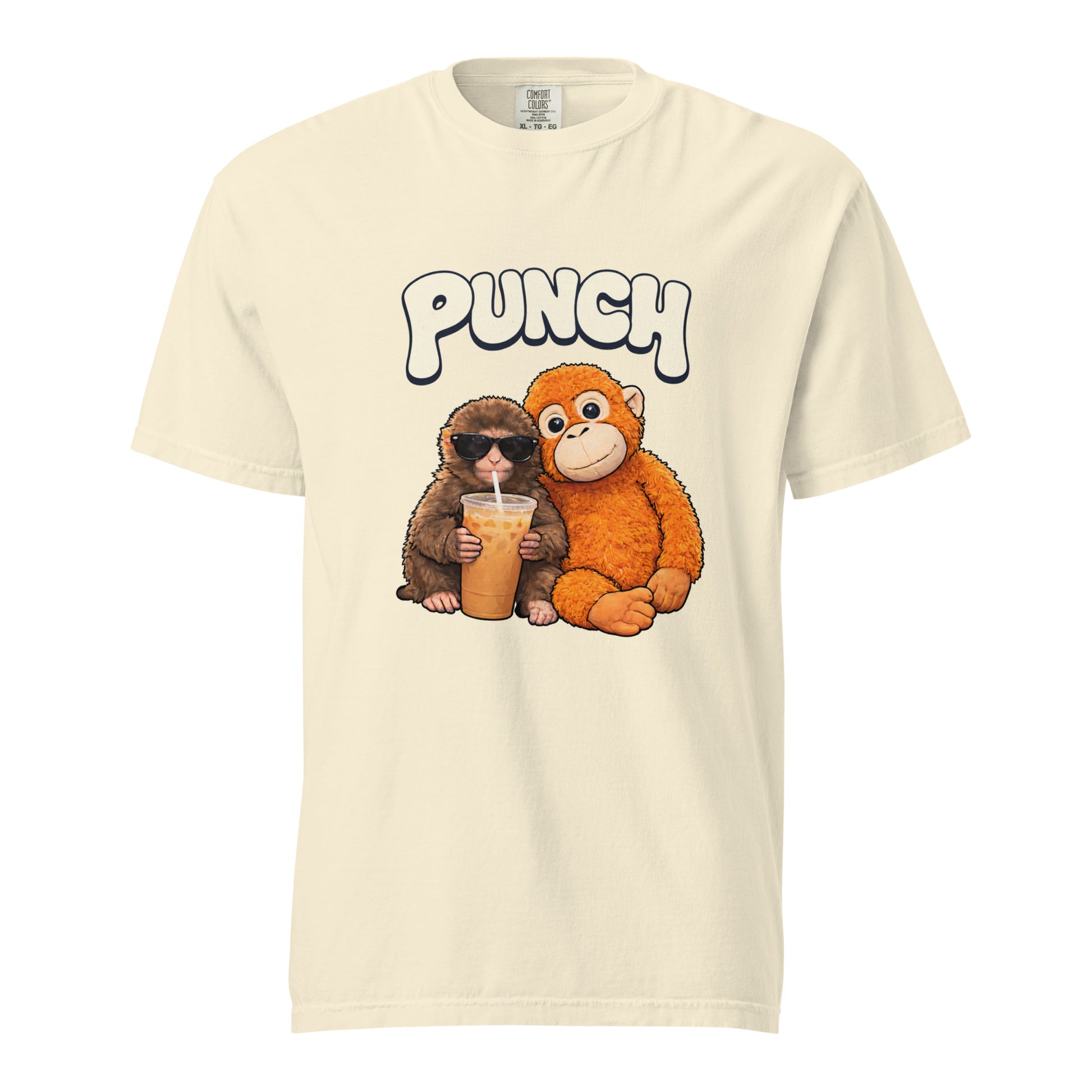 Beige t-shirt with cartoon monkeys and 'PUNCH' text on a white background
