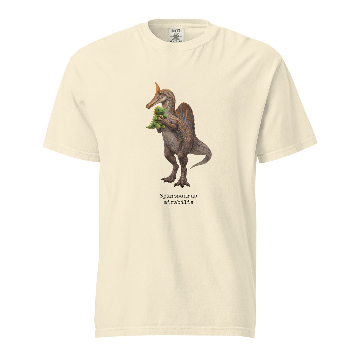 Beige t-shirt with a Spinosaurus mirabilis and a plush toy on a white background