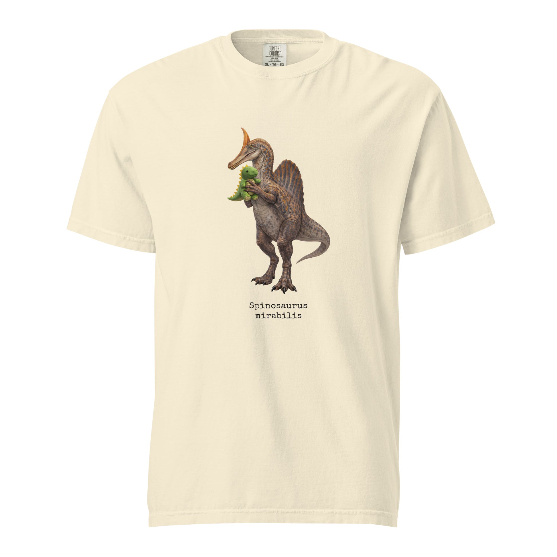 Beige t-shirt with a Spinosaurus mirabilis and a plush toy on a white background