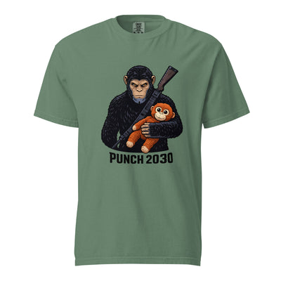 Green t-shirt with a graphic of a chimpanzee holding a plush toy and the text 'Punch 2030' on a white background.