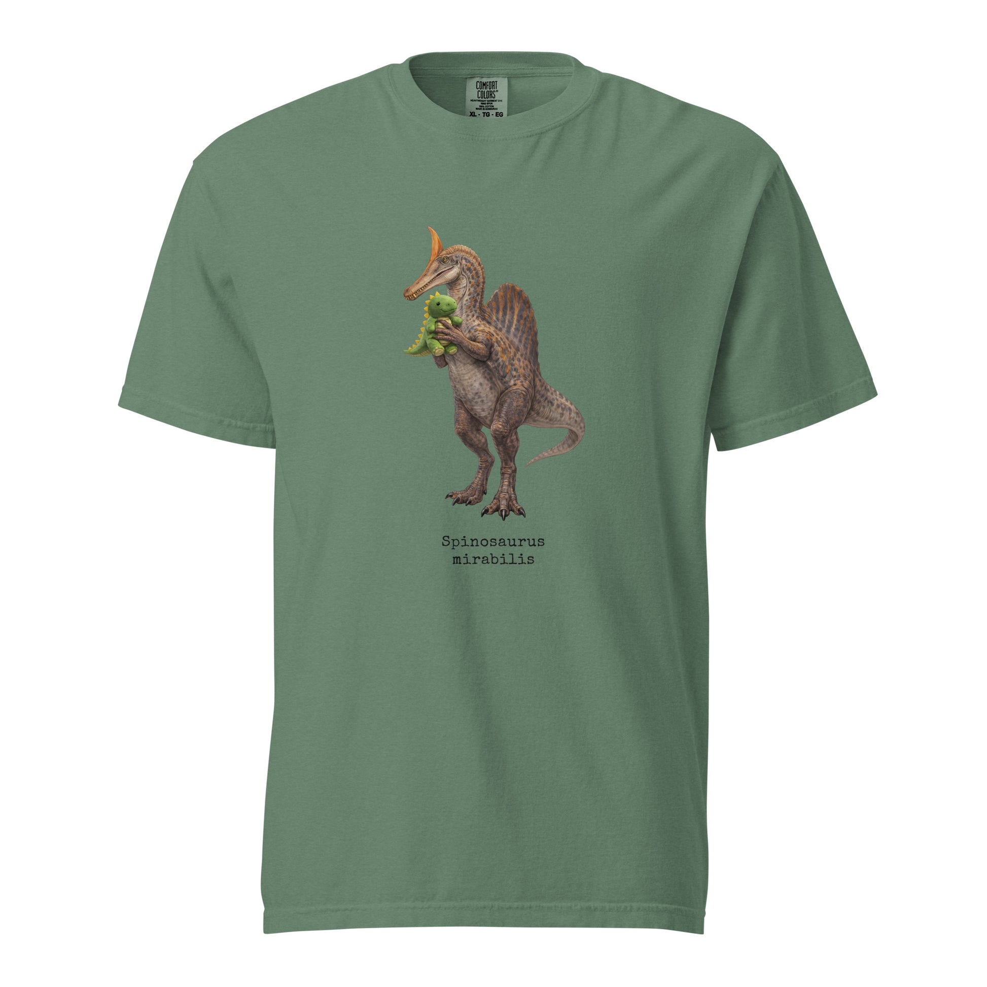 Green t-shirt with a Spinosaurus mirabilis graphic and a plush toy on a white background