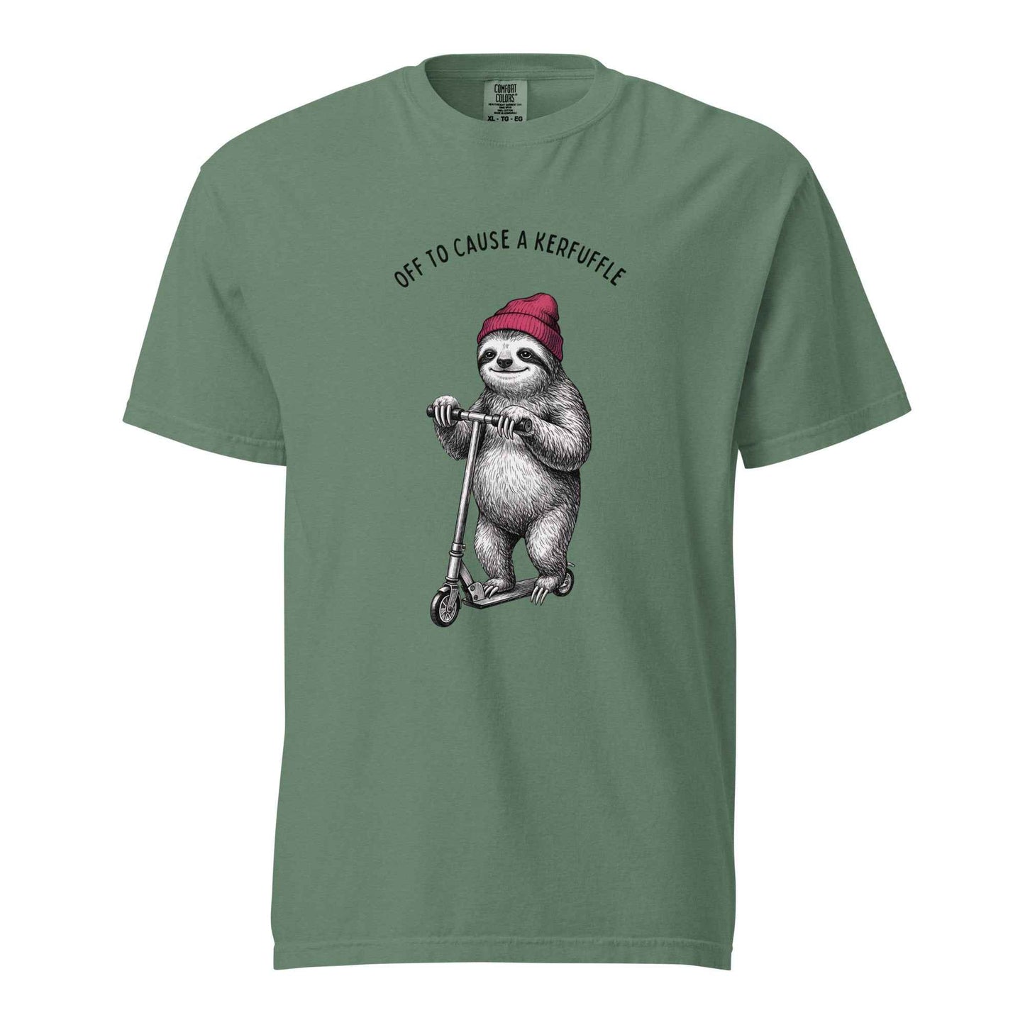 Off to Cause a Kerfuffle Funny Sloth Scooter T-Shirt Light Green