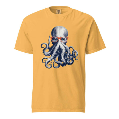 Unisex garment-dyed heavyweight Comfort Colors t-shirt - Octopus With Glasses Tee, Funny Geeky Octopus Art Tee, Vintage Engraving Style Nerd Humor Shirt