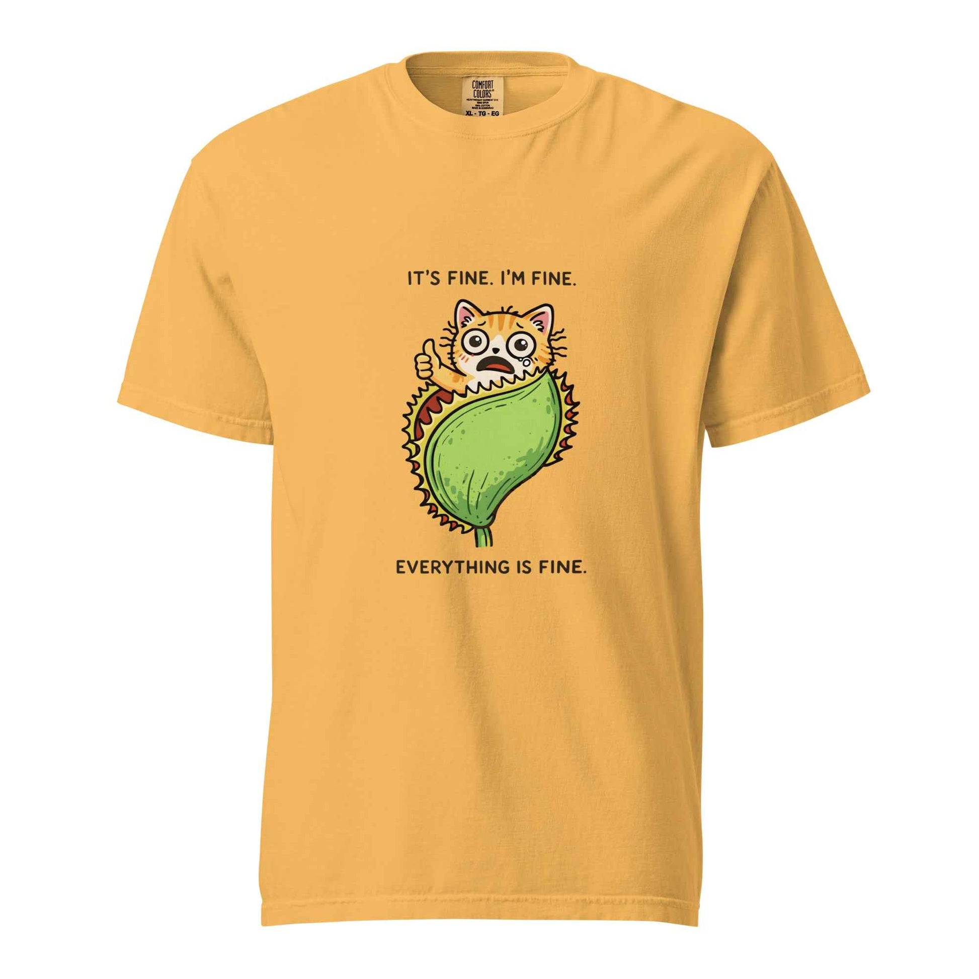 Mustard yellow It's Fine Everything Is Fine cat graphic t-shirt - sarcastic cat graphic shirt
