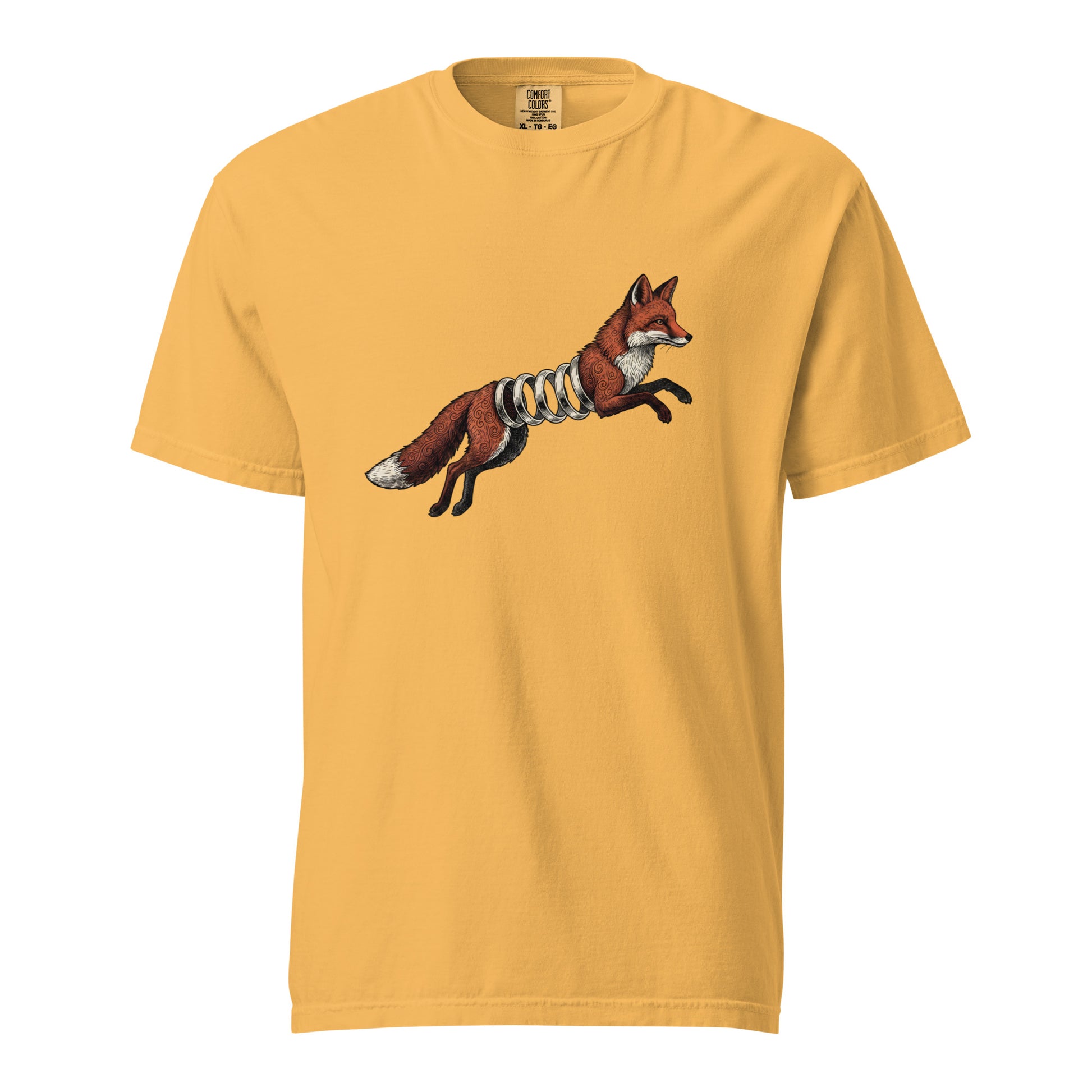 Mustard yellow Spring-Loaded Slinky Fox graphic tee - funny fox coil spring shirt