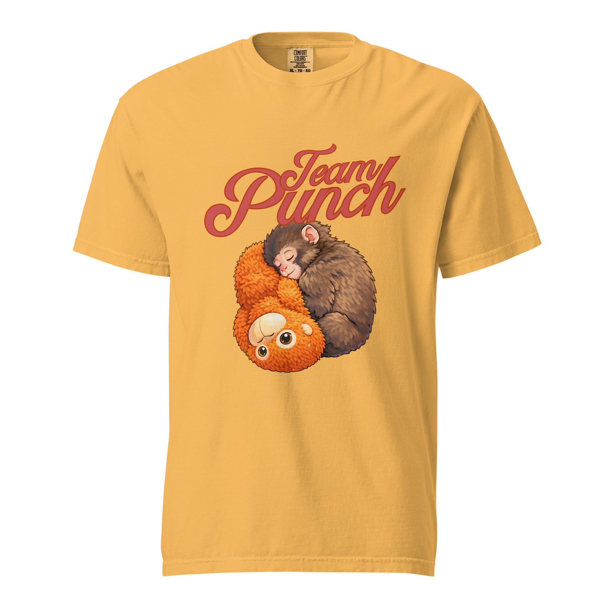 Yellow t-shirt with cartoon monkeys and 'Team Punch' text on a white background