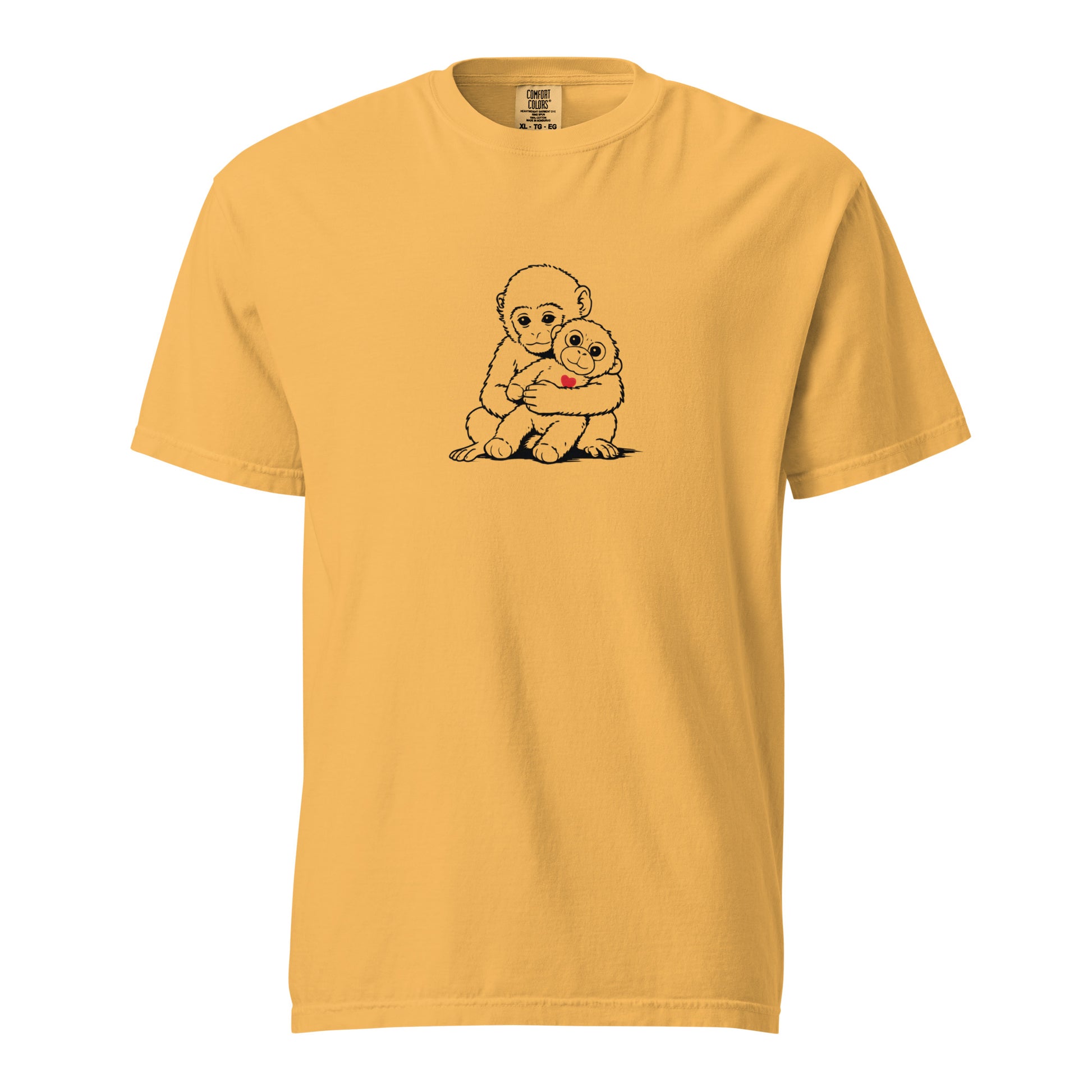 Yellow Monkey Punch minimalist art tee with baby monkeys hugging graphic - punch monkey fan shirt