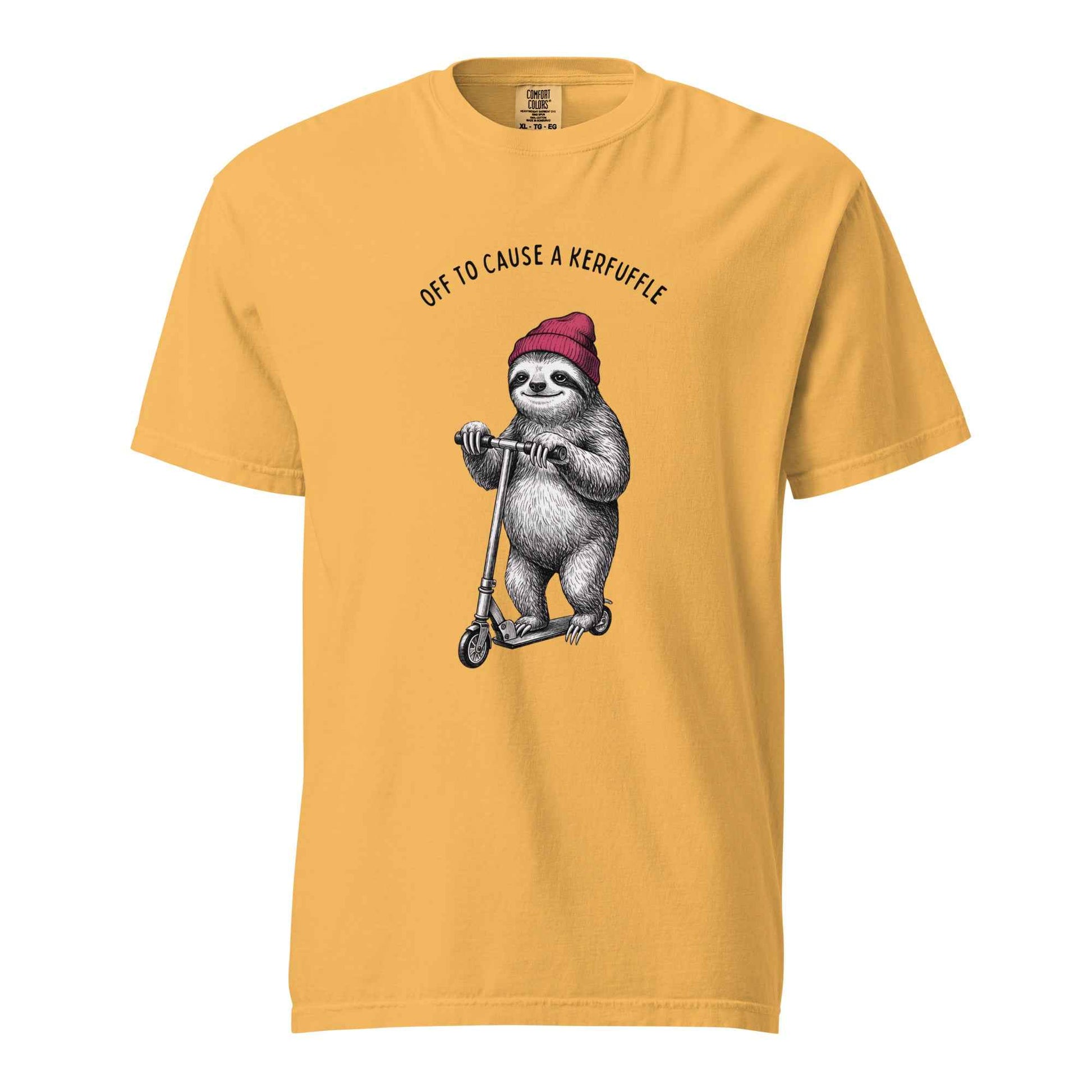 Off to Cause a Kerfuffle Funny Sloth Scooter T-Shirt Mustard