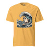 A mustard yellow short-sleeve crewneck t-shirt featuring a graphic print of a Grumpy Cat surfing like a wave in a Hokusai-style composition, shown on a plain white background.