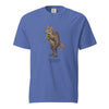 Blue t-shirt with a Spinosaurus mirabilis and a plush toy on a white background