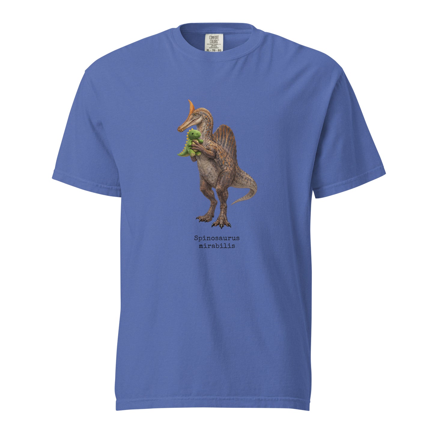 Blue t-shirt with a Spinosaurus mirabilis and a plush toy on a white background