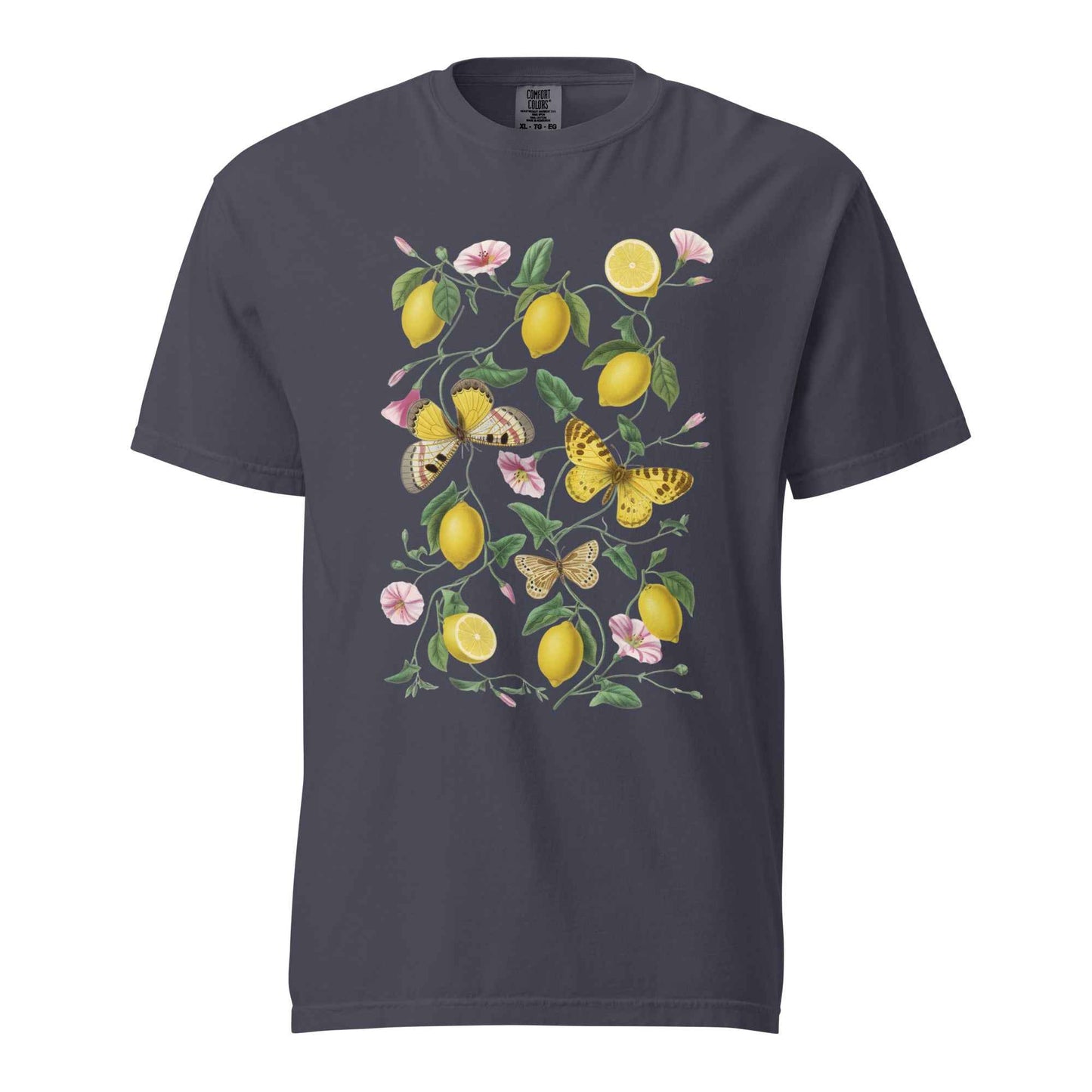 Botanical Lemon T-Shirt - Vintage Lemon and Butterfly Illustration Navy