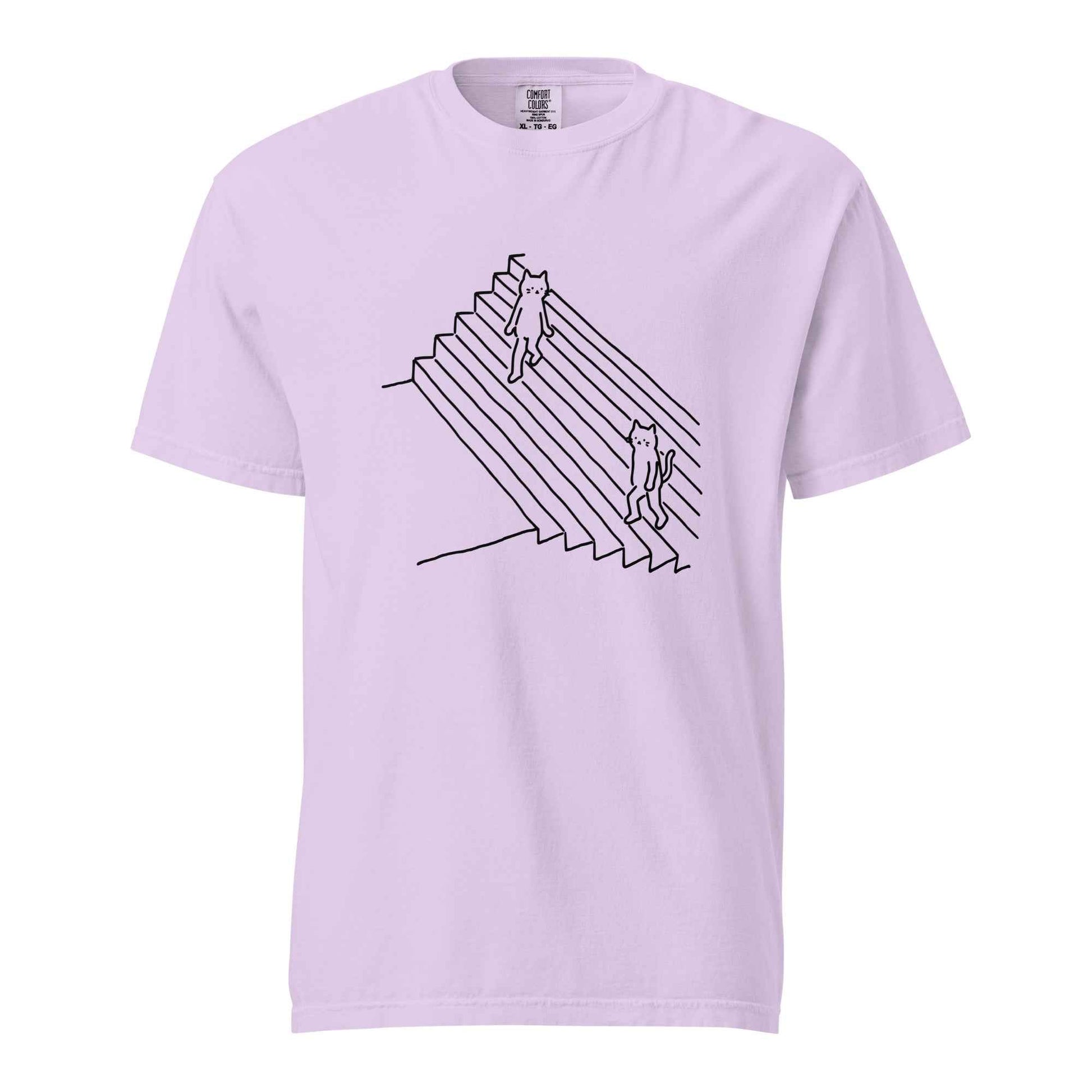Minimalist Cat T-Shirt, Funny Stairs Line Art Tee