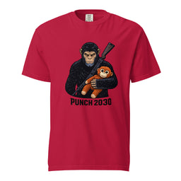 Red t-shirt with a graphic of a chimpanzee holding a plush toy and the text 'Punch 2030' on a white background.