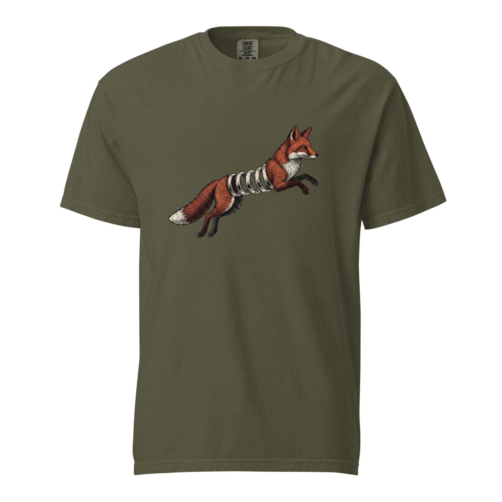 Sage green Spring-Loaded Slinky Fox graphic tee - funny fox coil spring shirt