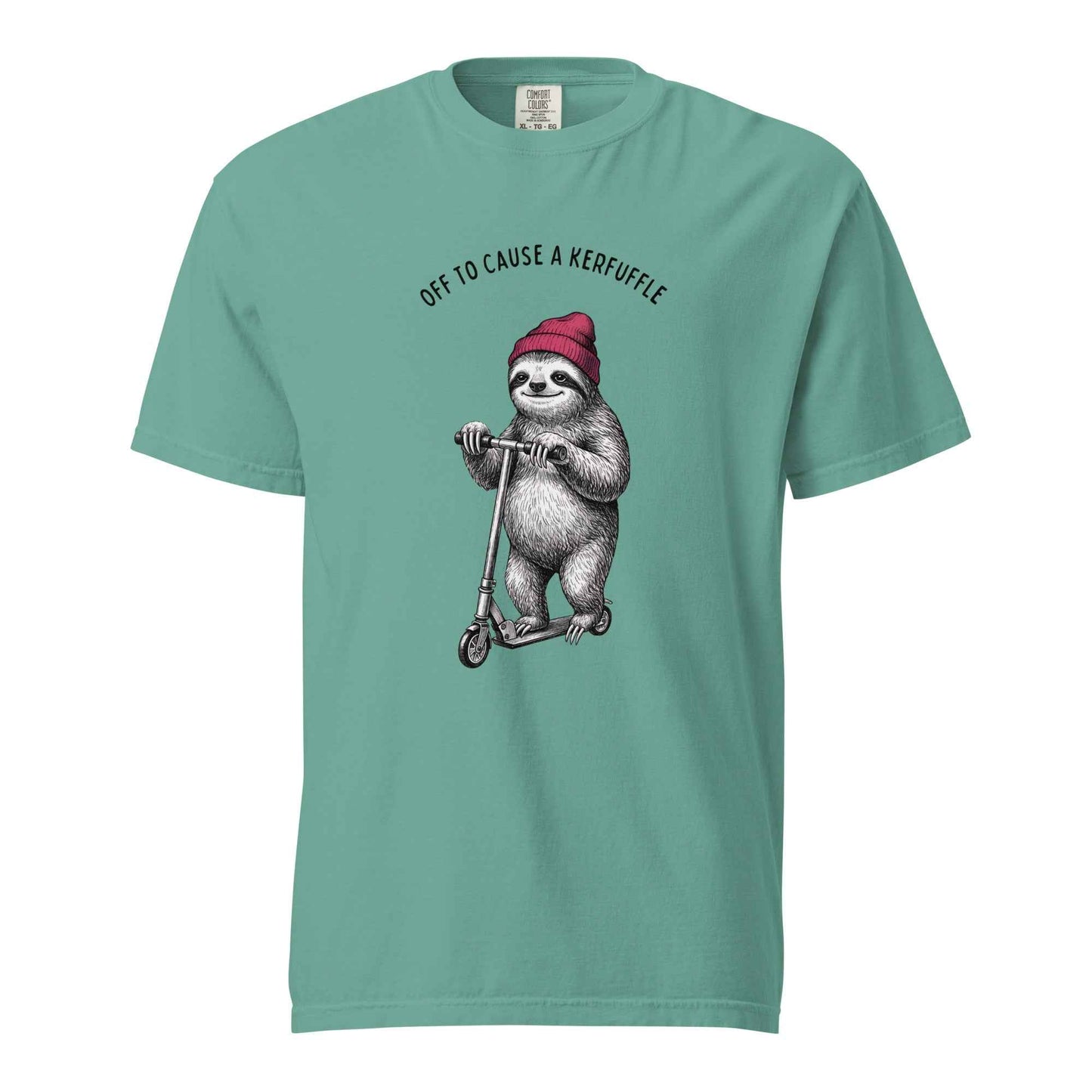 Off to Cause a Kerfuffle Funny Sloth Scooter T-Shirt Seafoam