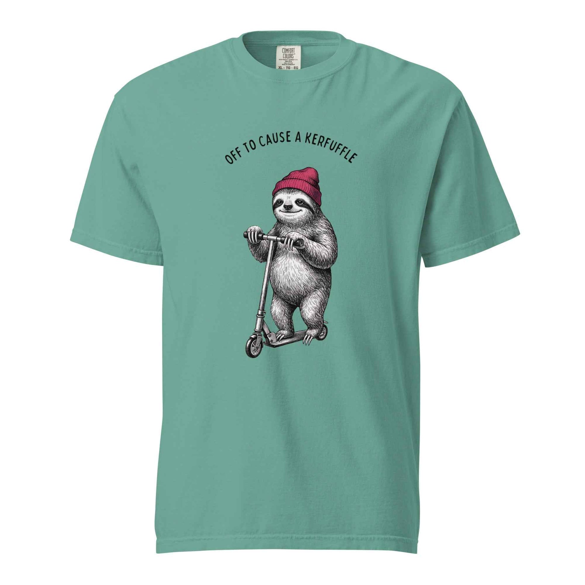 Off to Cause a Kerfuffle Funny Sloth Scooter T-Shirt Seafoam