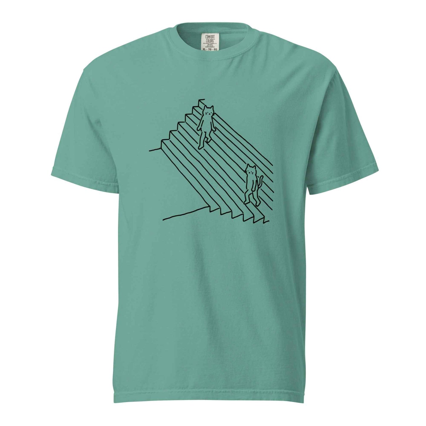 Minimalist Cat T-Shirt, Funny Stairs Line Art Tee
