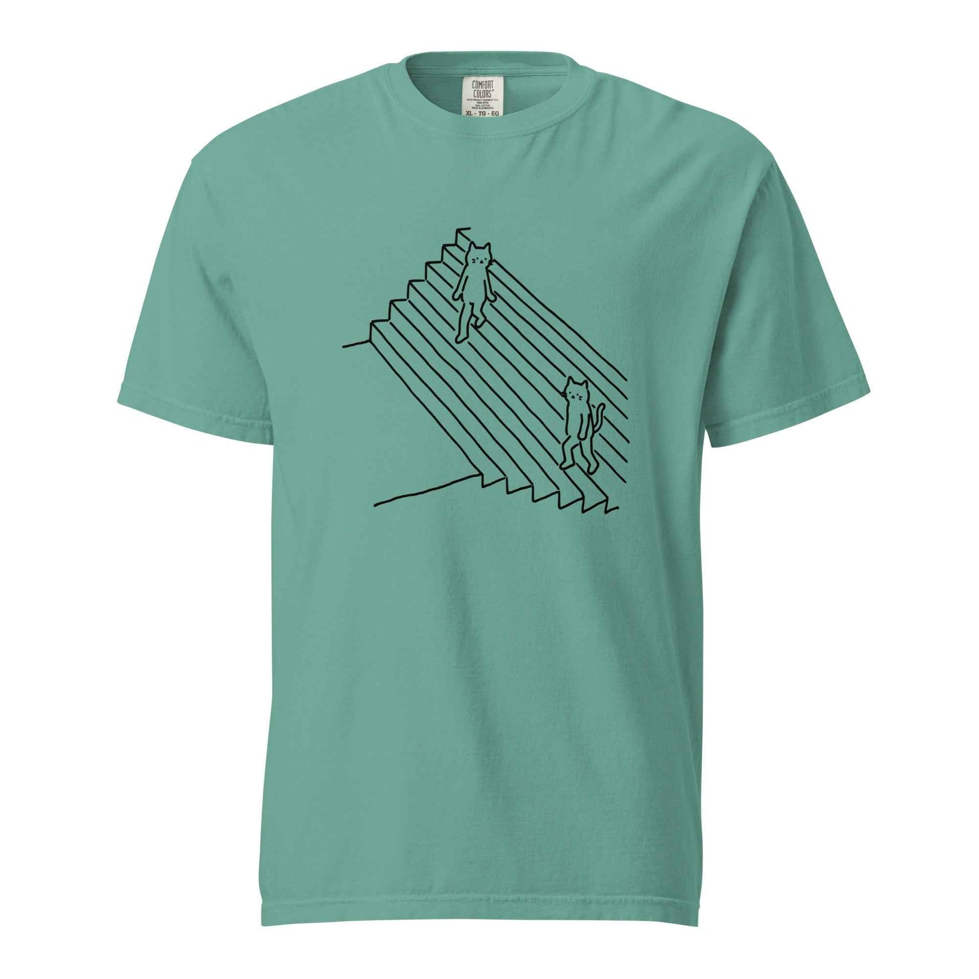 Minimalist Cat T-Shirt, Funny Stairs Line Art Tee