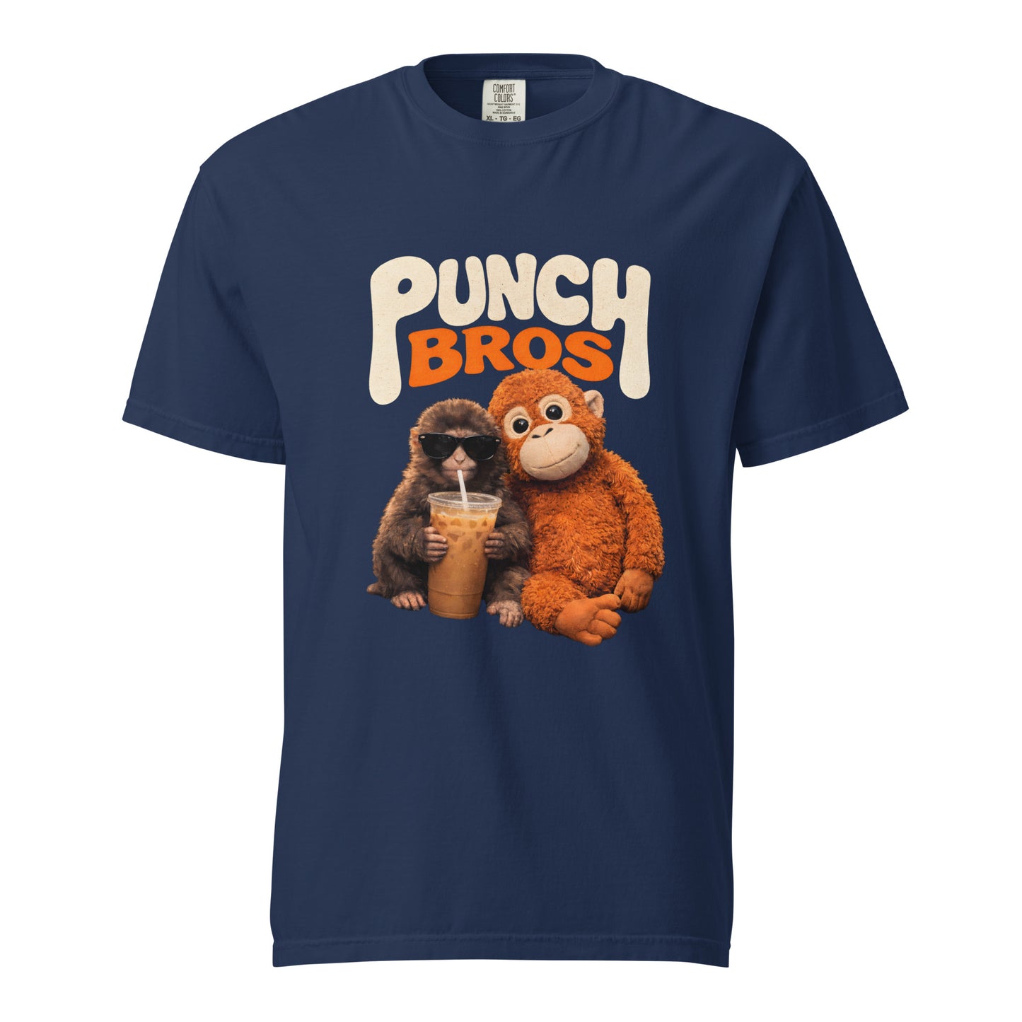 Navy blue t-shirt with 'Punch Bros' graphic featuring two monkeys and a drink.