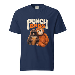 Navy Punch Bros t-shirt with viral baby monkey graphic and drink - baby monkey punch shirt