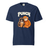 Navy blue t-shirt with cartoon monkeys and 'PUNCH' text on a white background