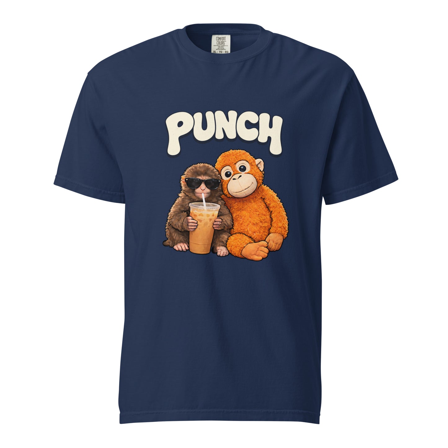 Navy blue t-shirt with cartoon monkeys and 'PUNCH' text on a white background