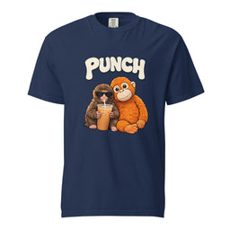 Navy PUNCH t-shirt with baby macaque cartoon and plushie - viral baby macaque tee