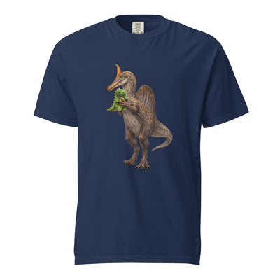Navy blue t-shirt with a Spinosaurus mirabilis dinosaur and a plush toy on a white background