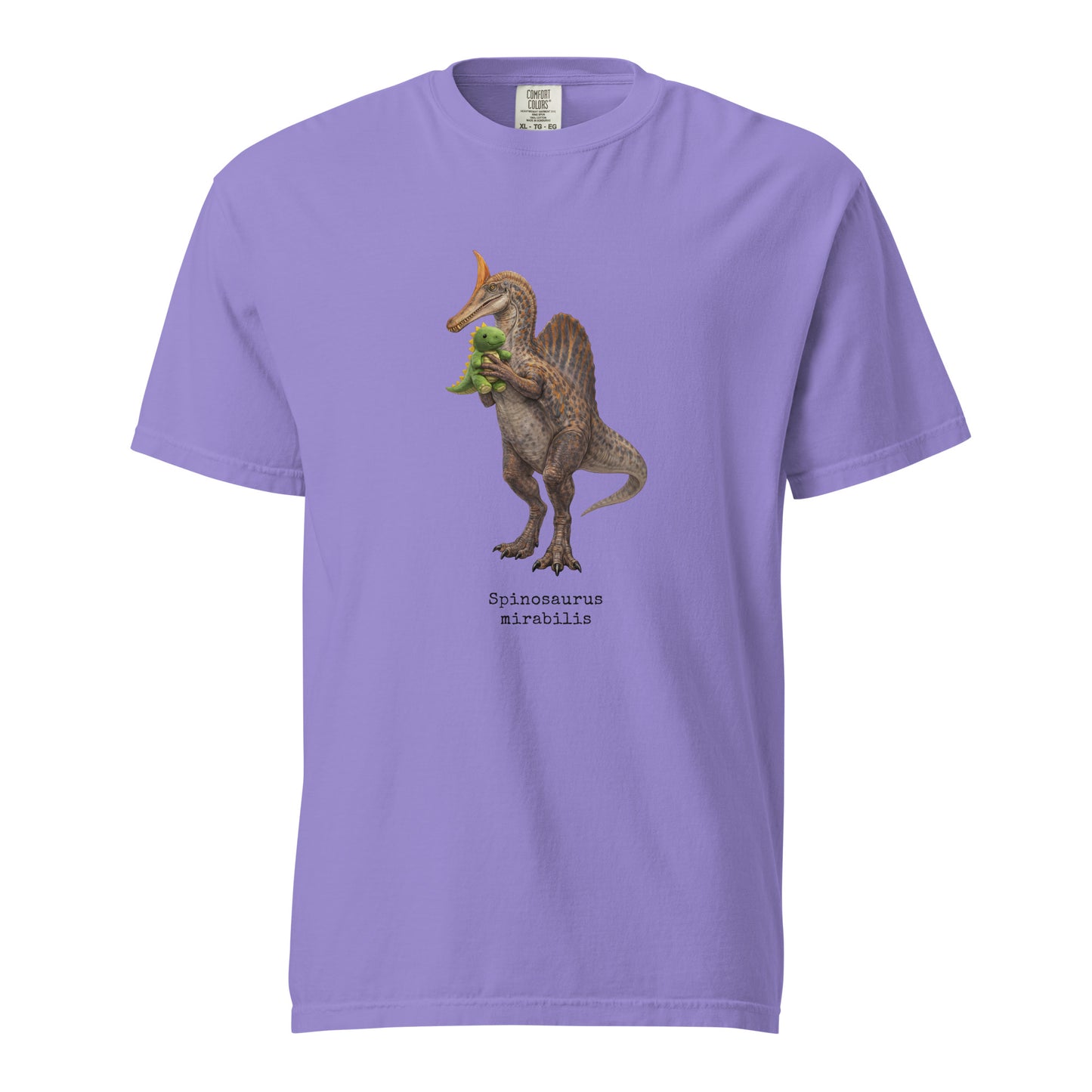 Purple t-shirt with a Spinosaurus mirabilis graphic and a plush toy on a white background