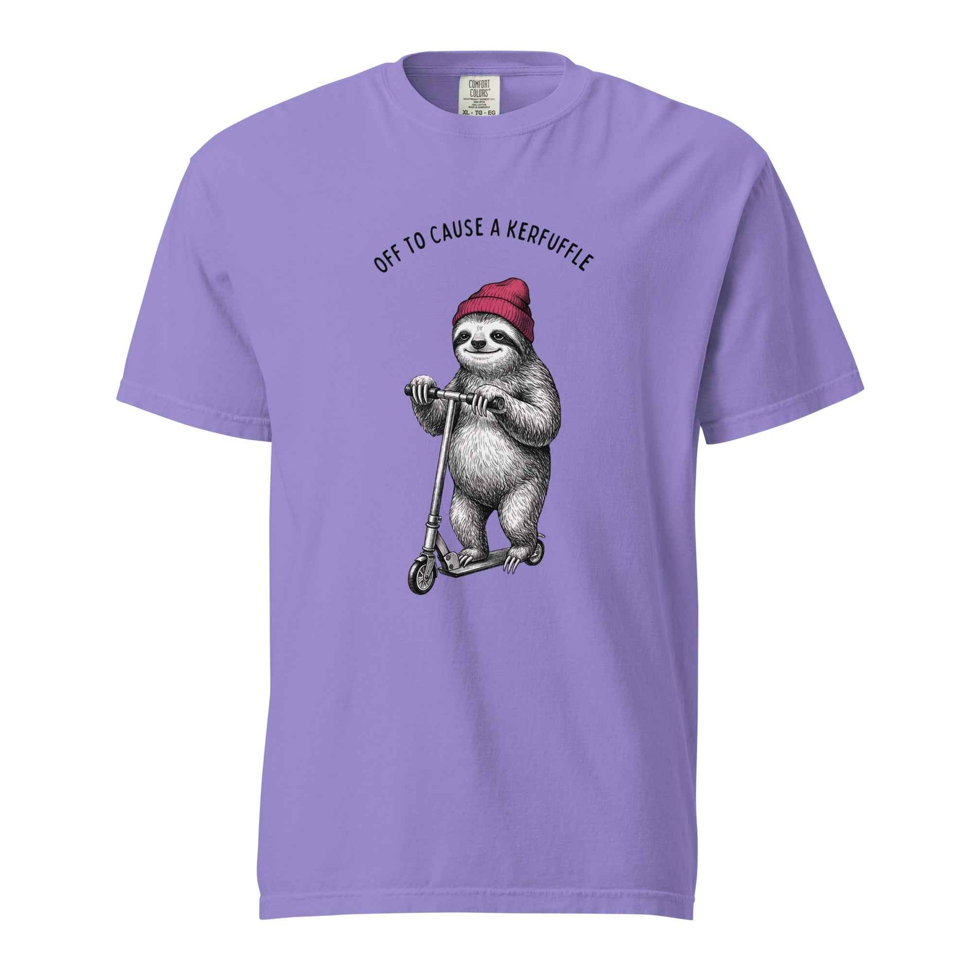 Off to Cause a Kerfuffle Funny Sloth Scooter T-Shirt Violet